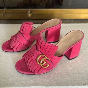 Gucci Hot Pink Suede Fringe Double G Block Heel Mules